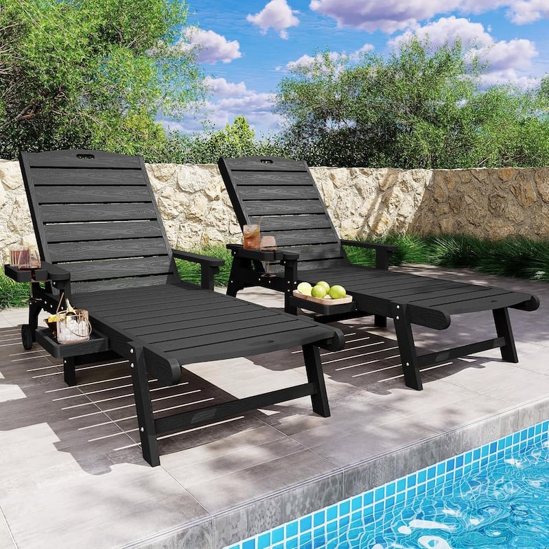 WINSOON HIPS All-Weather Outdoor 5-Position Adjustable Backrest Lounge Chair with Wheels, Cup Holder and Table - Blackx2