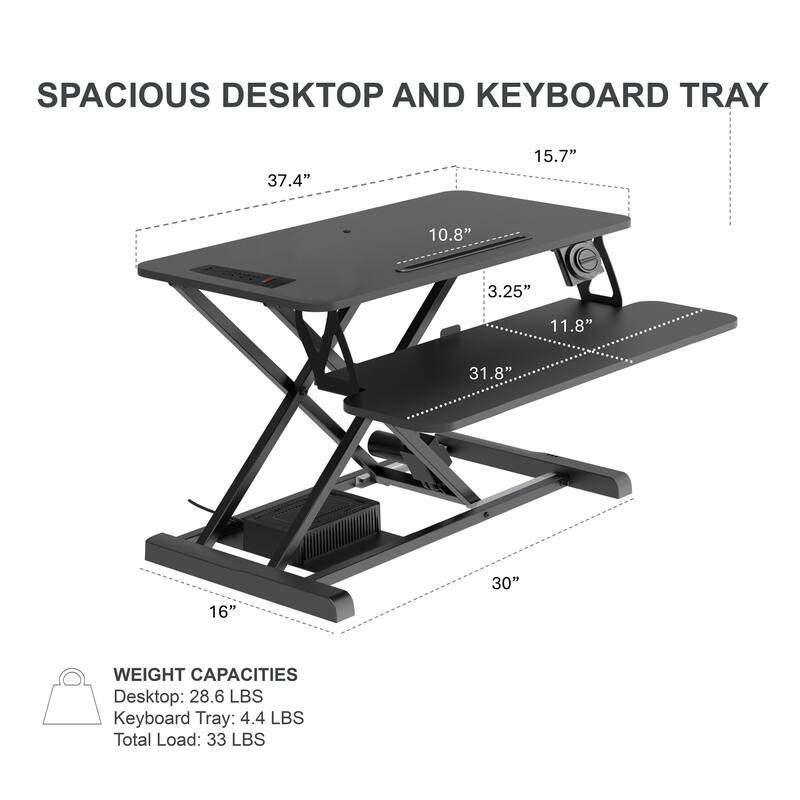 Rocelco 37.4 in. W Black Electric Standing Desk Converter with Anti Fatigue Floor Mat, AC USB Charger and Tray Platform