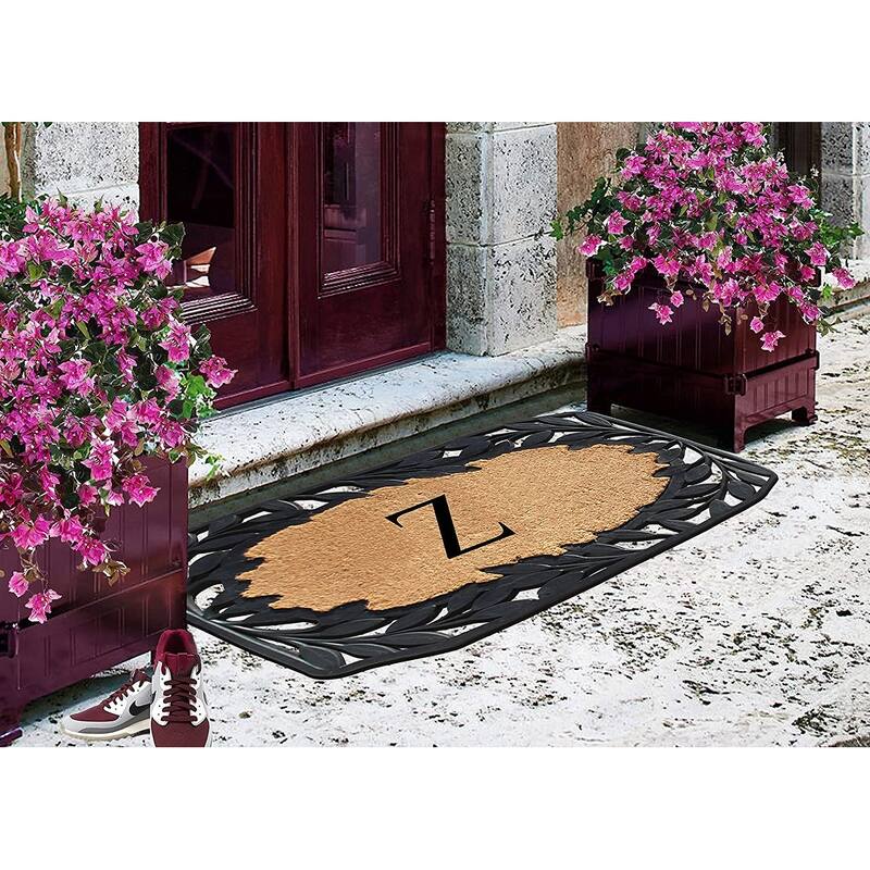 A1HC Rubber and Coir Stylish Leaf Border Large Outdoor Durable Monogrammed Doormat, Black - 23" X 38"