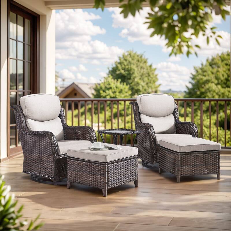 5 Pieces Outdoor Gliders Chairs Table Ottomans with 5-Inch Thick Cushions - Brown Rattan - Beige Cushion - 5PCS Swivel Chairs Table with Ottoman