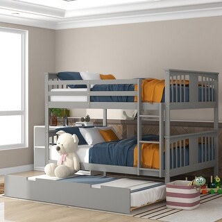 Full over Full Bunk Bed with Twin Size Trundle and Ladder, Grey