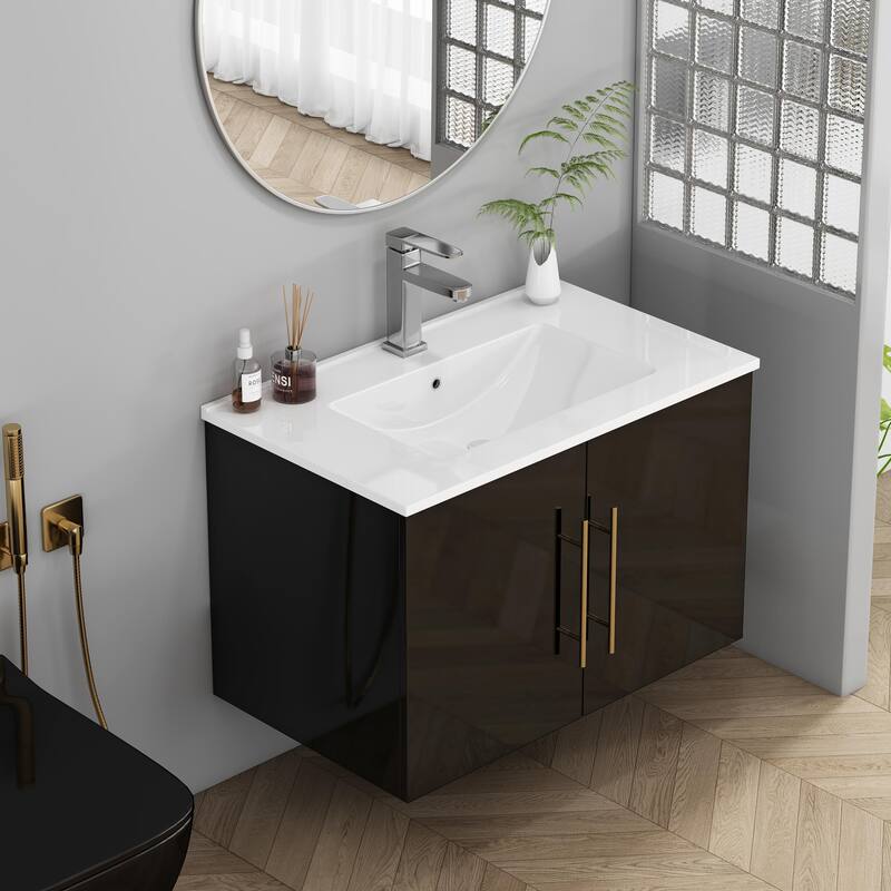 30-Inch Gloss Wall-Mounted Bathroom Vanity with Double Doors, Soft-Close Hangers,Long Gold Metal Handle