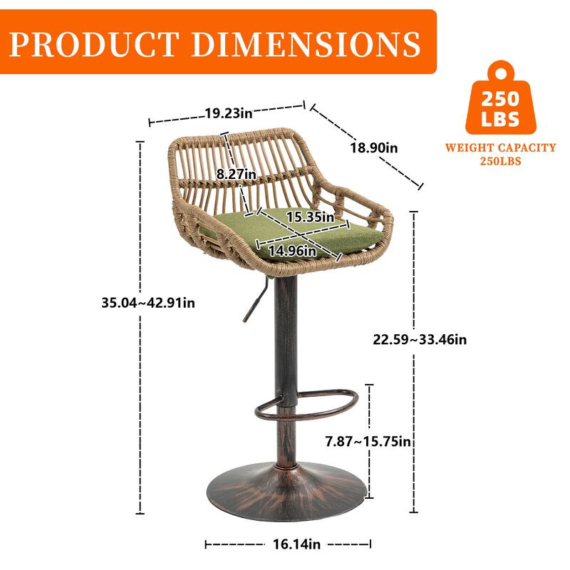 Plastic Rattan Linen Swivel Adjustable Height Bar Stools With Footrest(set of 2)