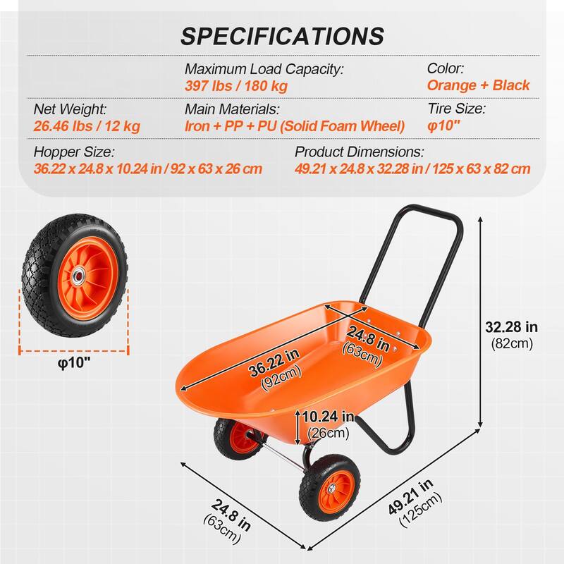 Orange Dual-Wheel Garden Cart 397lbs Dump Wheelbarrow PU Tire 10" - 36.22 x 24.8 x 10.24 in