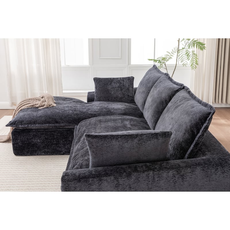 Modular Cloud Sectional Couch with L-Shape Chaise, Chenille Upholstered Boneless Sofa, Compressed Deep Seat Sofa with Pillows - Black