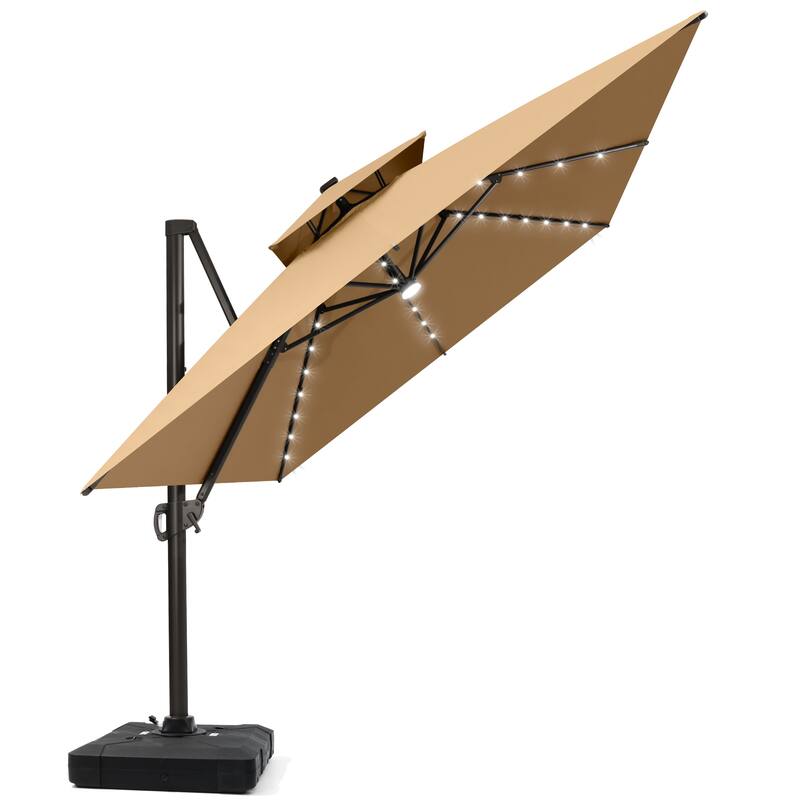 13 x 10ft Outdoor Aluminum Dual Top Patio Cantilever Umbrella LED Light with Weights Base - Tan