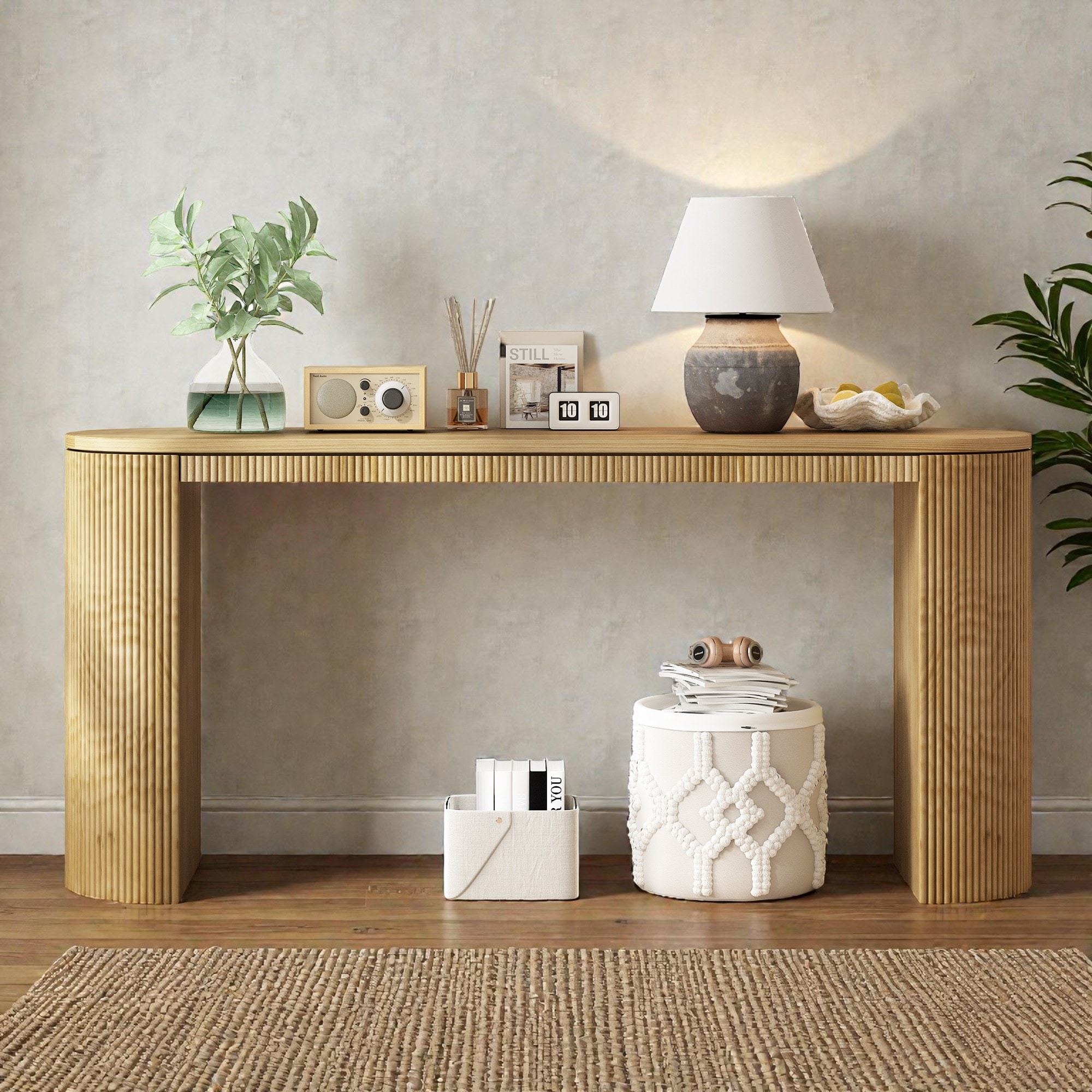 Curved Console Table with Vertical Stripe Design, Modern Entryway Table for Living Room Study