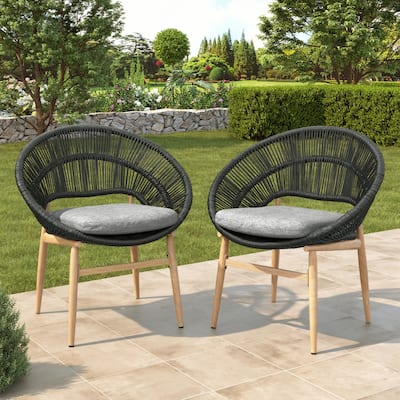 Outdoor Wicker Papasan Style Dining Chair with Beige Cushion, Set of 2