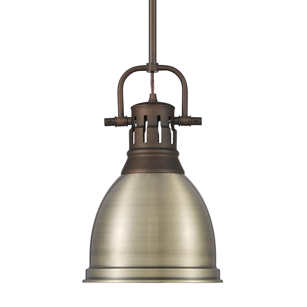 Yep by Golden Lighting Duncan 1-light 9in Rod Hung Pendant in Rubbed Bronze and Aged Brass shade