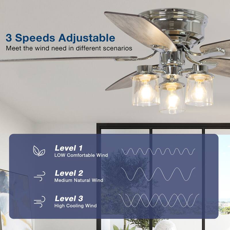 52" Modern Indoor Chrome Flush Mount Reversible Chandelier Ceiling Fan with Light and Remote