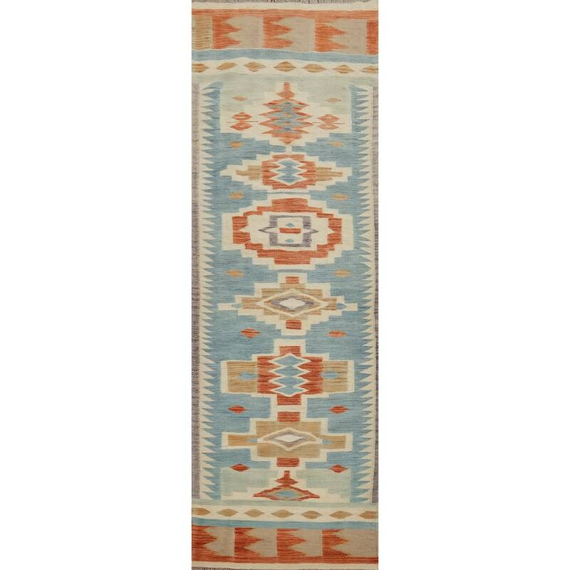 Hand Woven Oriental 100% Wool Carpet Southwestern Tribal Navy Blue & Blues Kilim Runner Rug - 9' 7'' X 2' 9''
