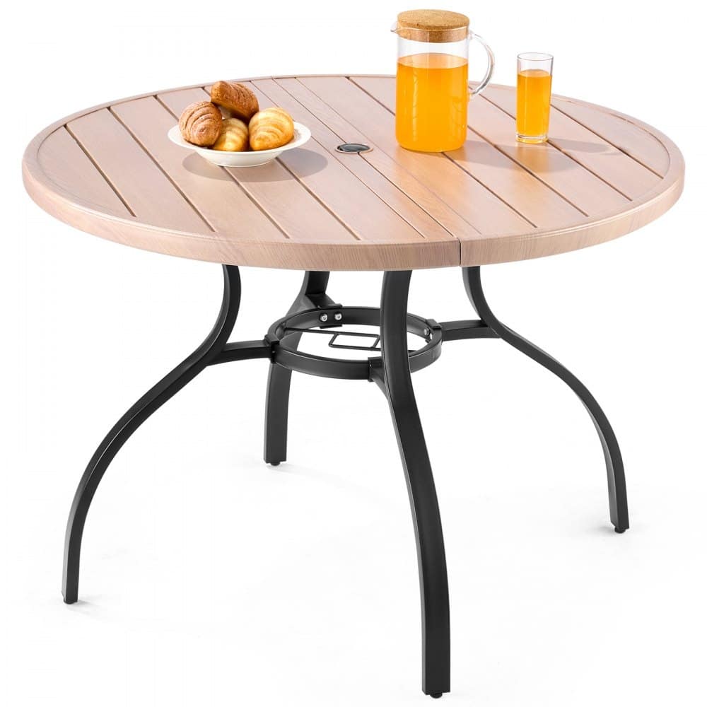 Outdoor Patio Dining Table Gray Wood Grain Carbon Steel Weather Resistant Backyard Bistro Table with Umbrella Hole - 41x28 in