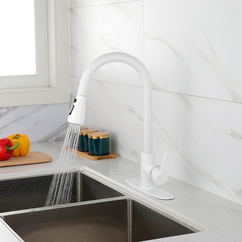 Single Handle White Three Modes Kitchen Faucet with Pull Out Sprayer - 15.73 inch