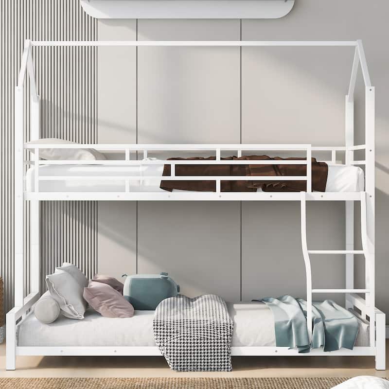 Metal House Bunk Bed with Roof, Twin over Full Size Detachable Bunk Bed Frame, Heavy Duty Metal Bed Frame with Ladder - White - Full