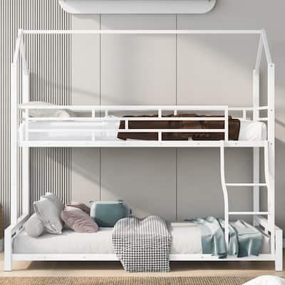 Twin Over Full Kids Heavy Metal House Low Bunk Bed, Convertible Floor Bunk Bed Frame with Full-Length Guardrail and Ladder