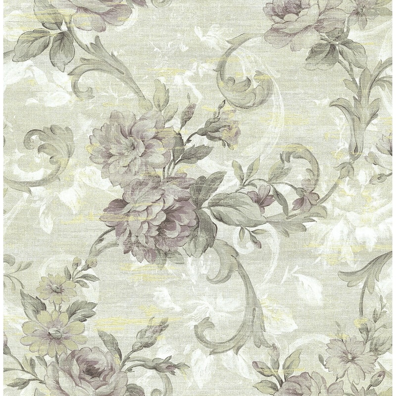 Seabrook Designs Friso Scrolling Acanthus Floral Unpasted Wallpaper - 20.5 in. W x 33 ft. L - Metallic Greige & Lavender