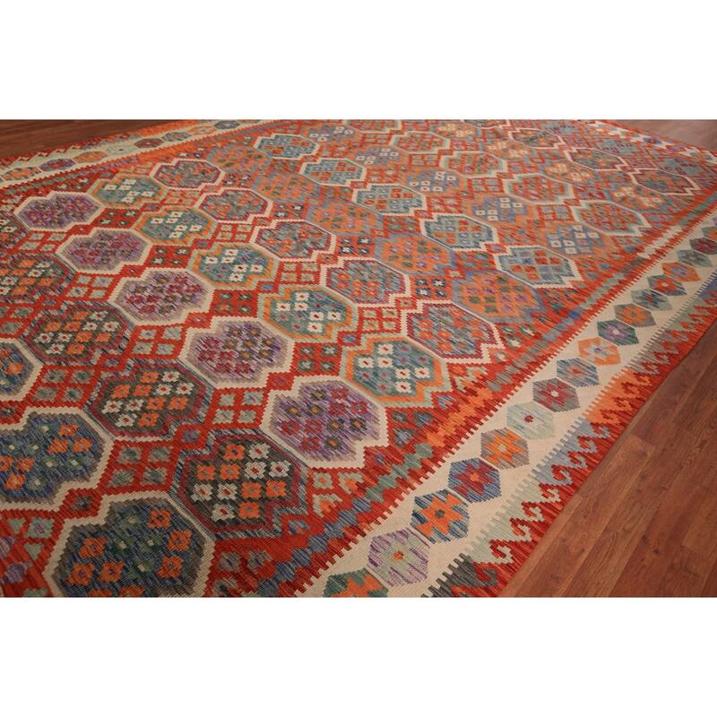 Geometric Kilim Large Rug Hand-Woven Wool Carpet - 10'4" x 16'1"