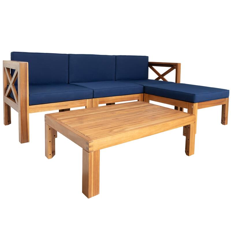 5-Piece Outdoor Patio Solid Wood Sectional Sofa with Coffee Table and Cushions