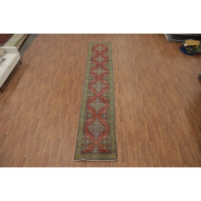 Hand Knotted Oriental 100% Wool Carpet Traditional Geometric Oranges & Rust Tabriz Runner Rug - 16' 2'' X 3' 1''
