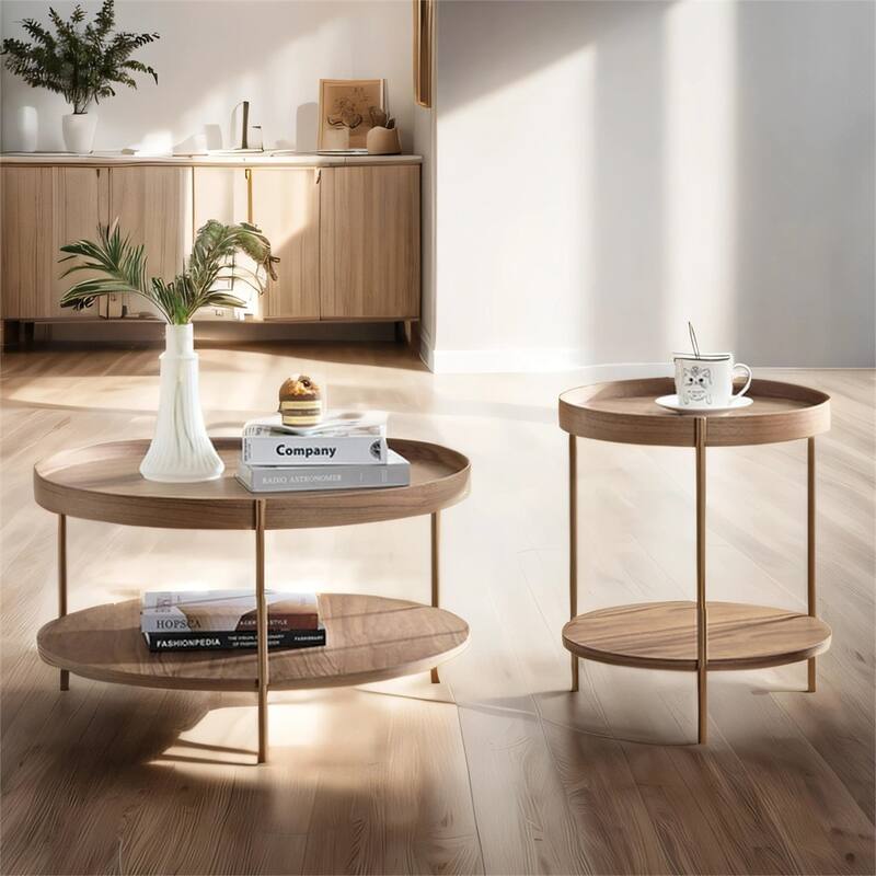 2-Piece Modern 2 tier Round Nesting Coffee Table Set with Metal Legs