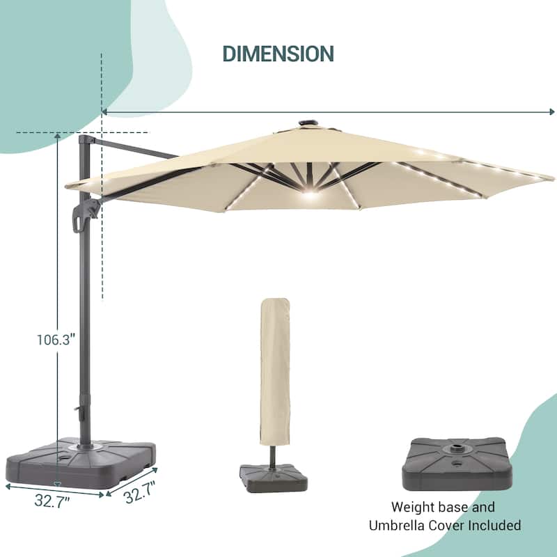 LIVOOSUN 11Ft Aluminum LED Patio Cantilever Offset Umbrella With Base