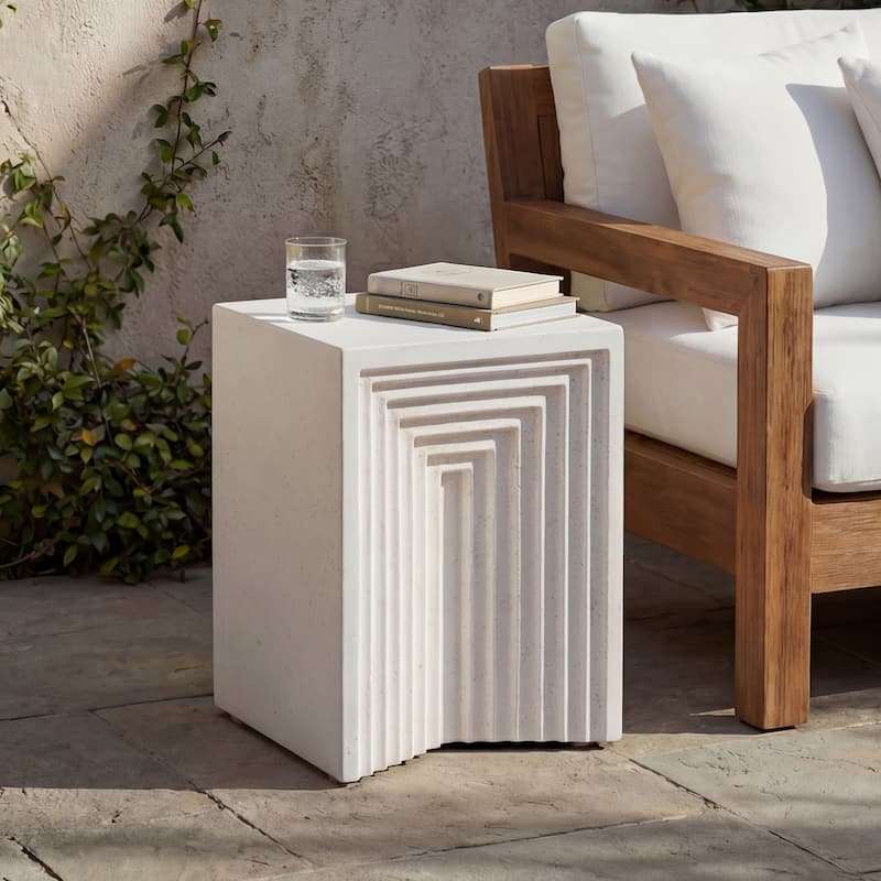 Christopher Knight Home - Camden 20.08''H Outdoor Minimalist Geometric MGO Side Table, Inverted Base & Layered Groove Design - White