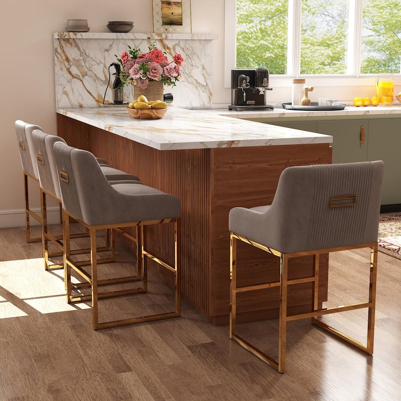 SEYNAR Modern Glam Velvet Golden Matel Frame Counter or High Bar Stools Set of 4 - Grey