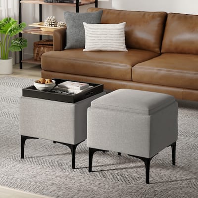 WYNDENHALL Evianna 18 inch Wide Mid Century Square Storage Ottoman with Tray in Cloud Grey Polyester Linen