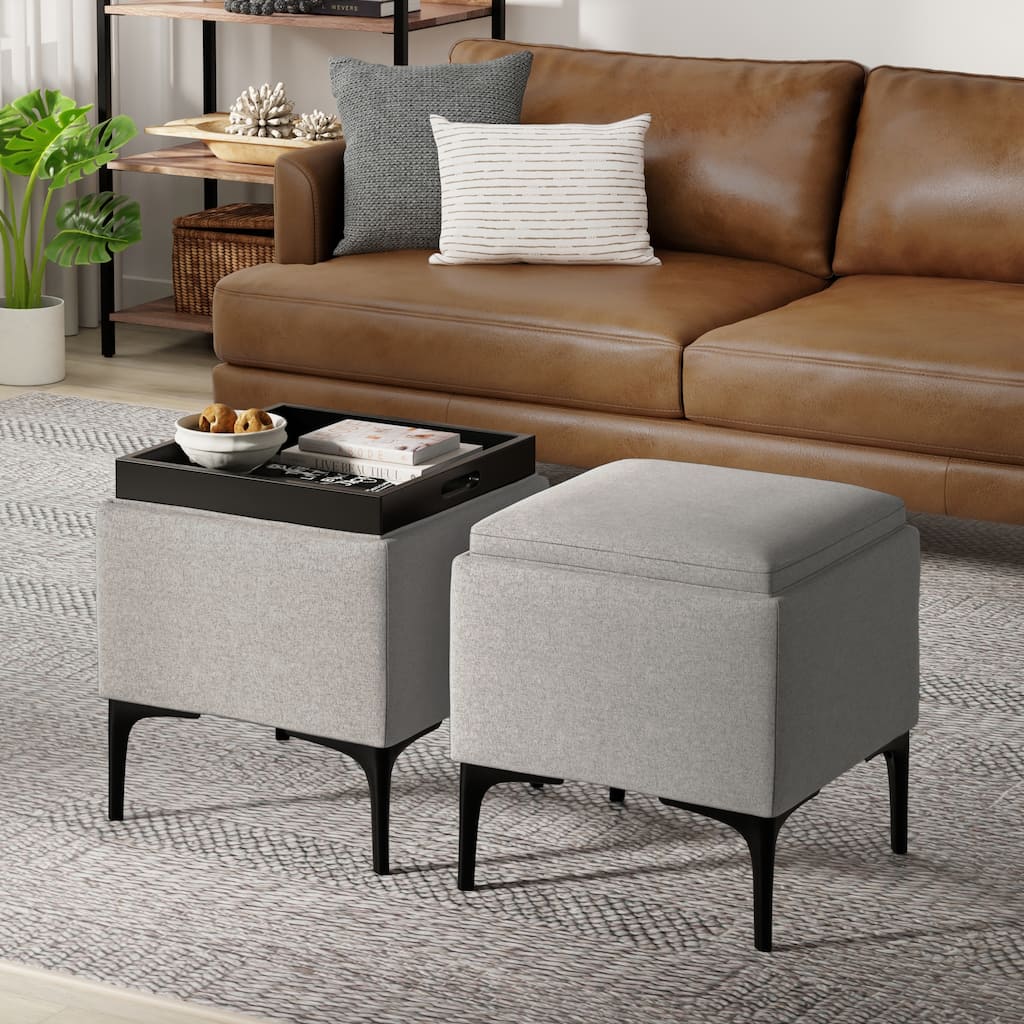 WYNDENHALL Evianna 18" Wide Mid Century Square Storage Ottoman with Tray in Cloud Grey Polyester Linen