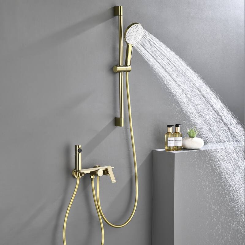 Wall Mount Tub Faucet with Hand Shower Brass Waterfall Tub Filler with Slide Bar Bahttub Faucet with Bidet Sprayer