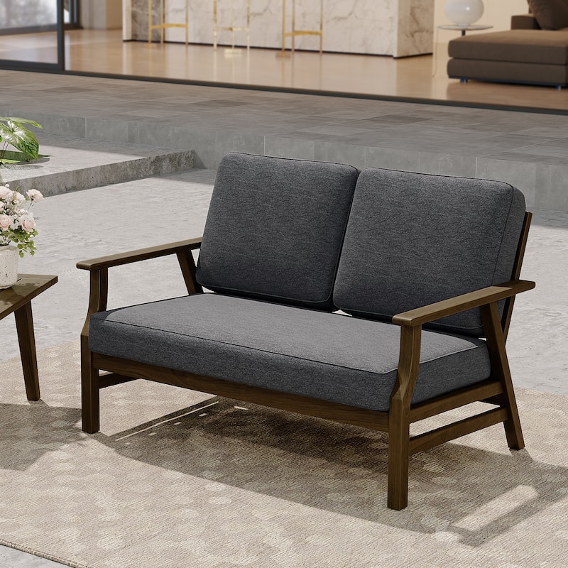 Modern Wood Cushioned 5-Piece Outdoor Patio Conversation Set - 2-Seat Loveseat - Dark Grey