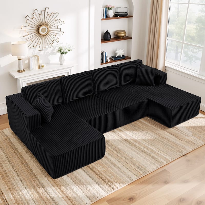 U-Shaped Modular Sectional Sofa with Dual Chaise Lounges, Oversized Corduroy Boneless Couch, Compressed Sofa with Pillows - Black