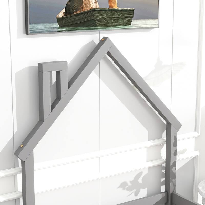 Twin House-Shaped Headboard Floor Bed with Fence