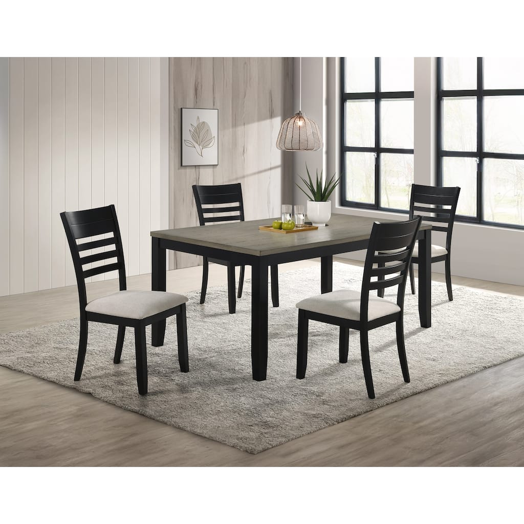 Contemporary 5pc Dining Set Rectangular Table Two- Tone Finish Wood Base Ladder Back Upholstery Chairs Black Gray Finish