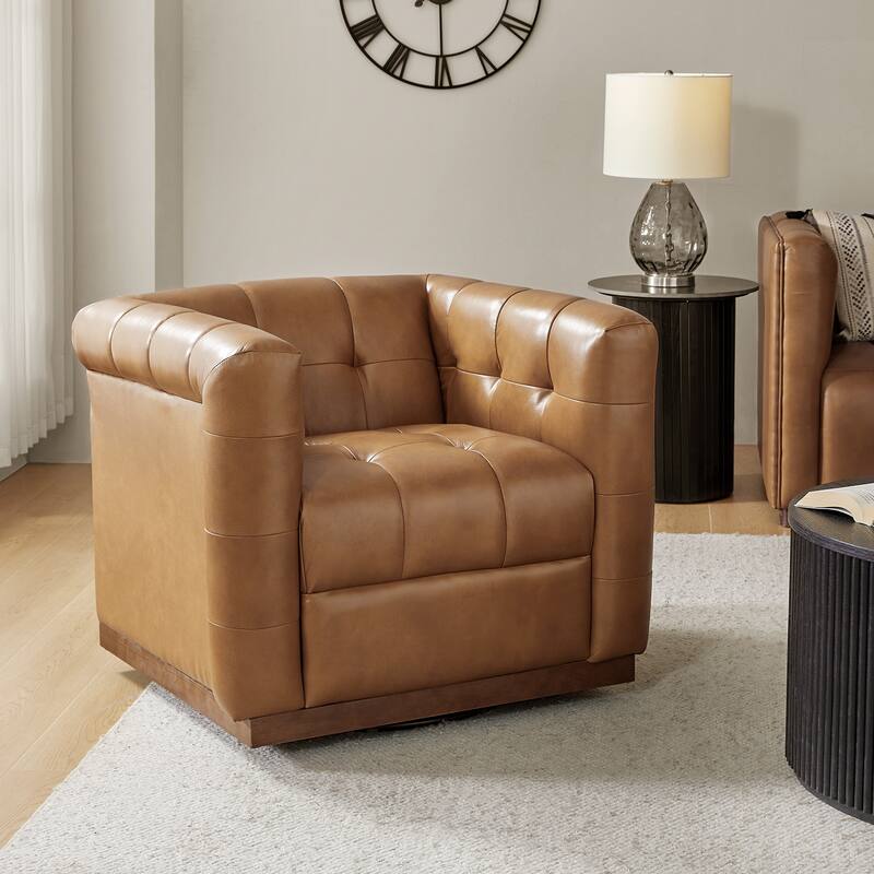 Jeremias Mid-certury Modern Genuine Leather Tufted Swivel Club Chair with Wooden Apron by HULALA HOME - Camel
