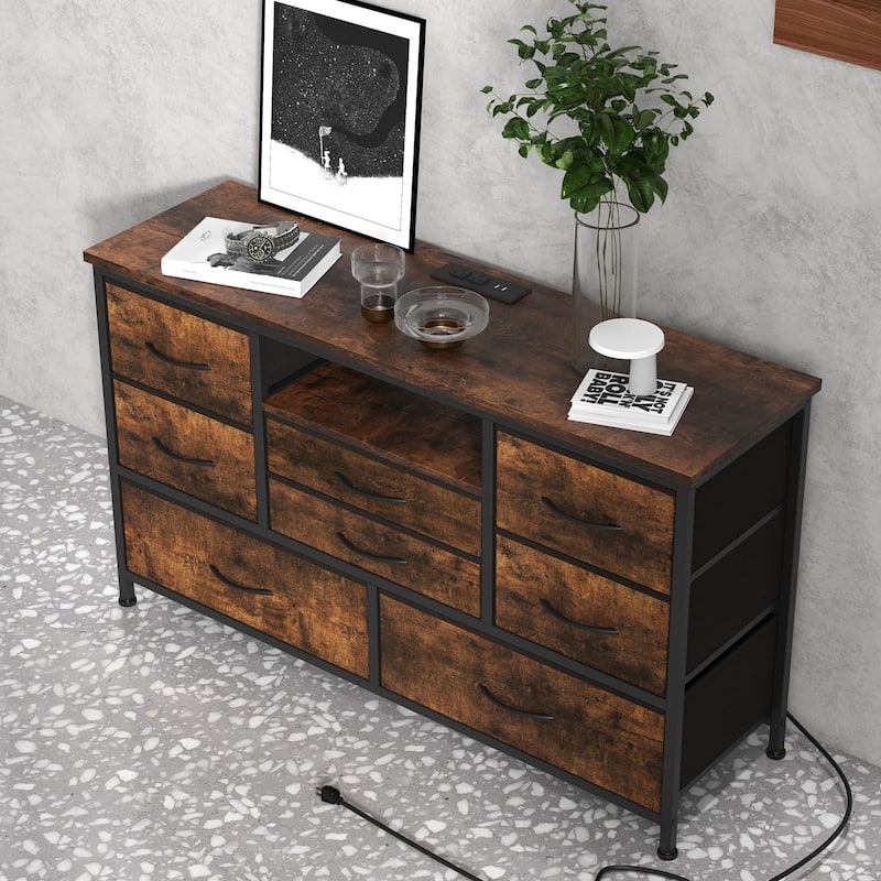 8-Drawer Fabric TV Stand with LED Lights & Built-in Power Outlets