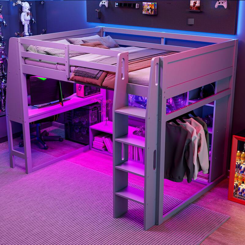 Gaming Loft Bed With Desk, Multi-Storage Shelves, Led And A Hanging Clothes Rack