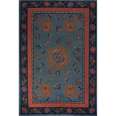 Vegetable Dye Blue Art Deco Chinese Vintage Handmade Wool Carpet - 6'5" x 9'7"