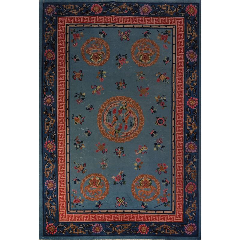 Vegetable Dye Blue Art Deco Chinese Vintage Handmade Wool Carpet - 6'5" x 9'7"