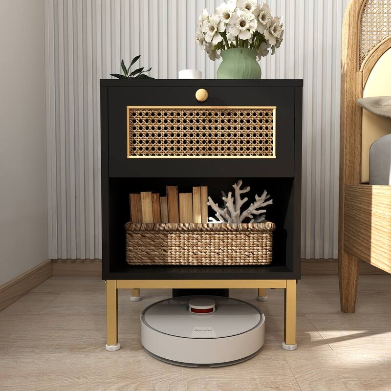 Rattan End Table/ Nightstand with Drawer, Farmhouse Boho Bed Side Table