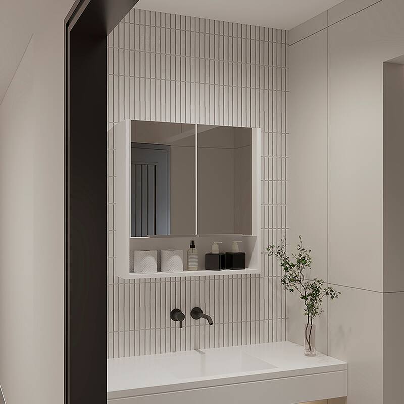 Rectangle Medicine Cabinet with Mirror, Two Doors, 4 Interior Shelves, White Finish, Perfect for Bathroom Storage - 23.6X5.5 in - White + Particle Board