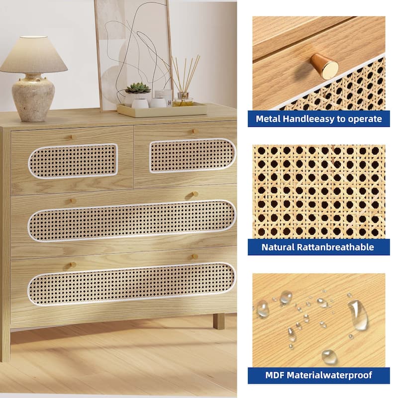 Moasis 4-6-Drawer Dresser Chest Drawer Storage Cabinet Rattan Wood Closet