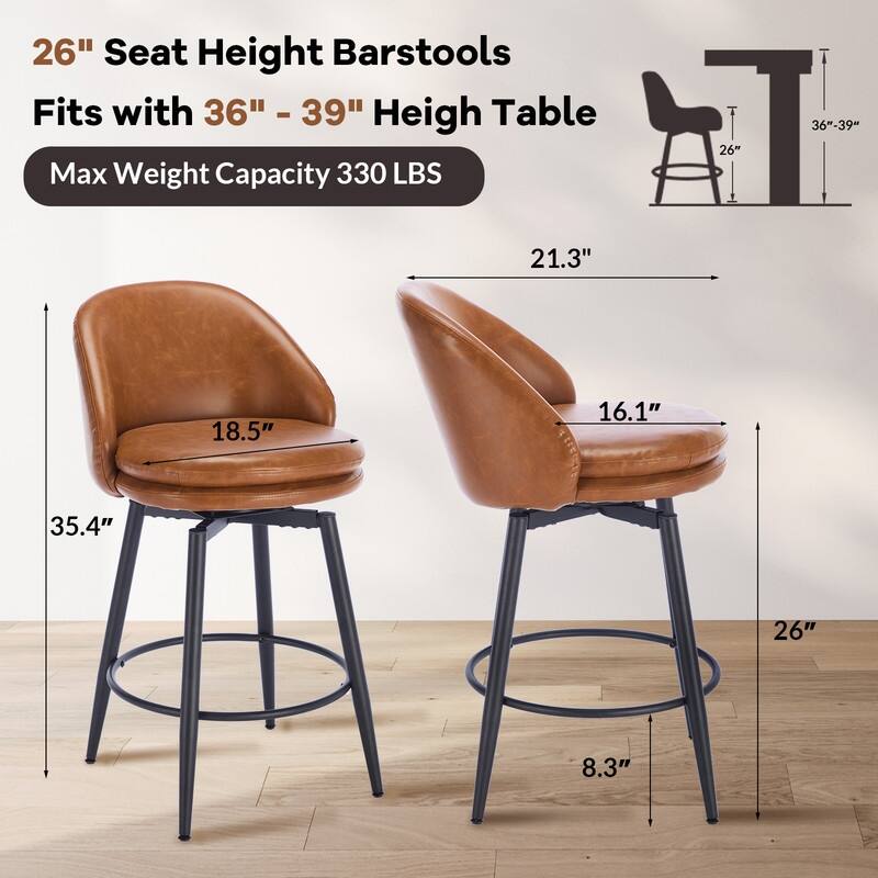 26" Swivel Leather Bar Stools Set of 2, Counter Height PU Leather / Linen Fabric Upholstered Barstool with Metal Legs