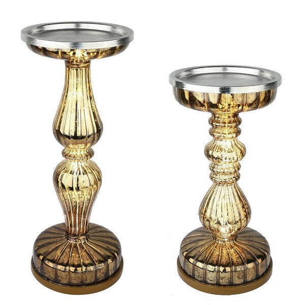 S/2 Lit Pillar / Handmade Mercury / Pedestals Candle Centerpiece Holders with Micro LED Lights - Coffee