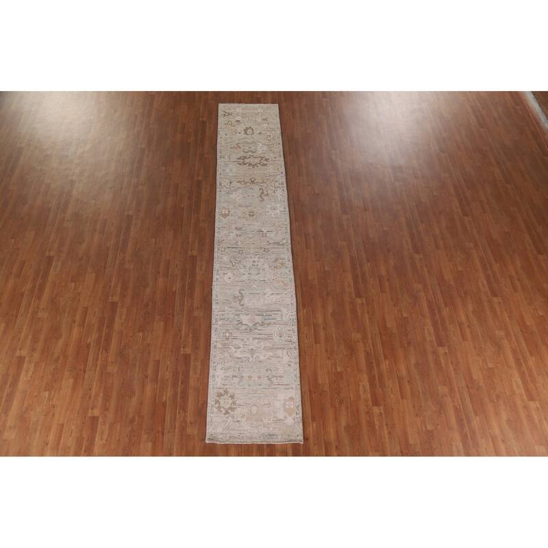 Hand Knotted Oriental 100% Wool Carpet Transitional All-Over Beige & Ivories Oushak Runner Rug - 13' 4'' X 2' 5''