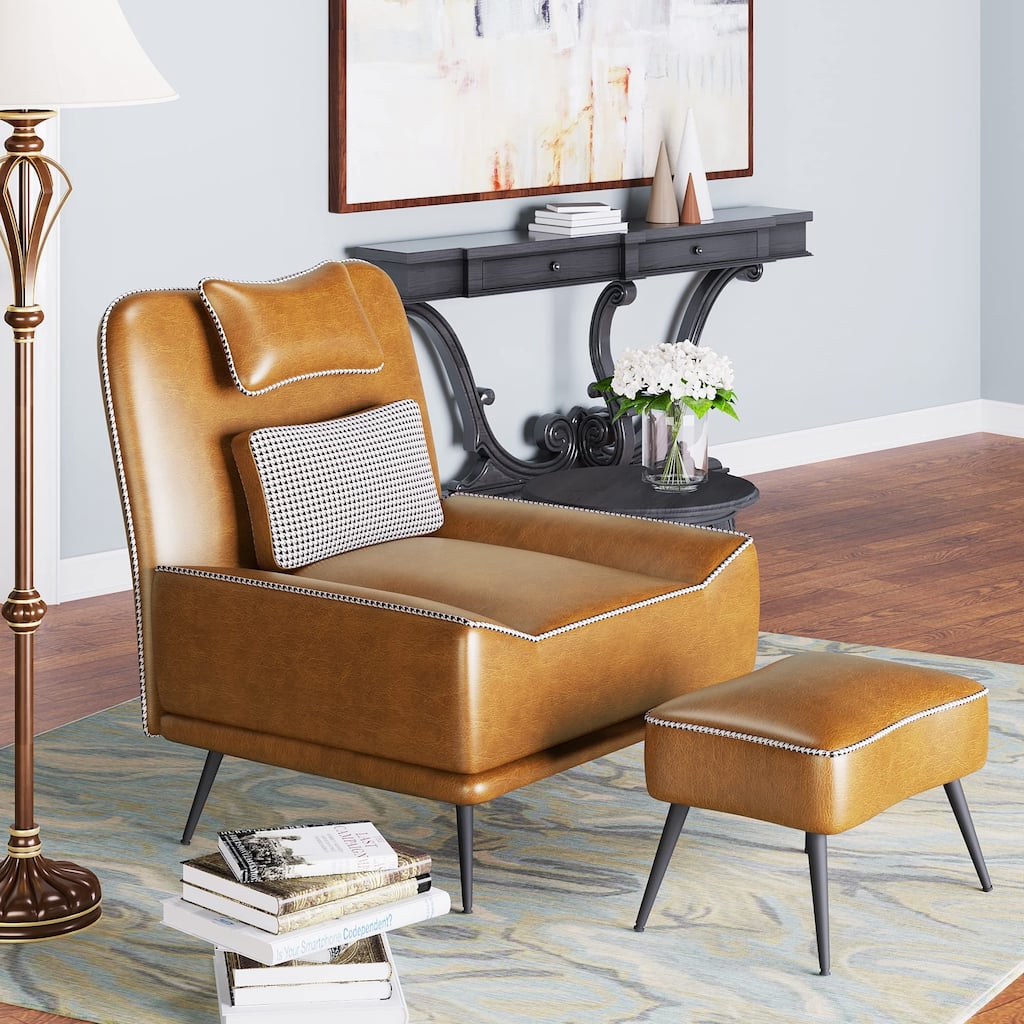 Accent Chair with Ottoman, Upholstered Faux Leather Chairs for Living Room Bedroom Lounge Chair, Modern Sofa Chair with Ottoman