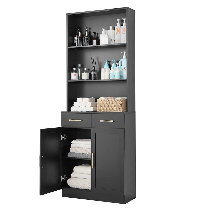 Bookshelf with Two Doors and Drawers, Adjustable Shelf, Three-layer Open Shelf