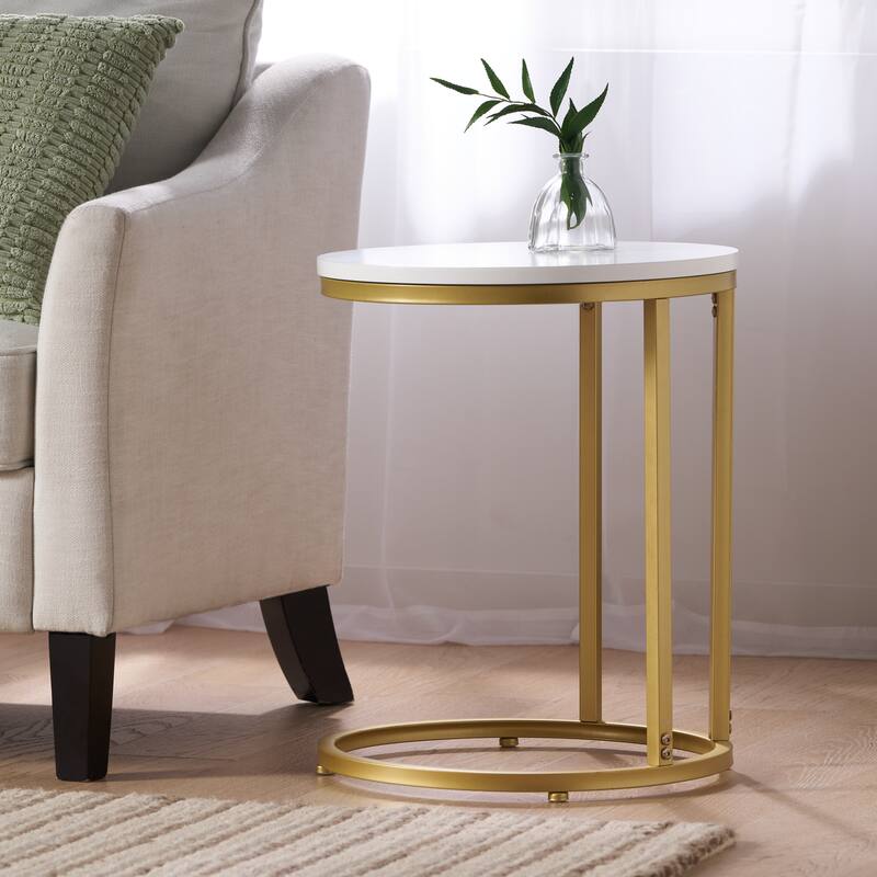 Roomfitters Round End Table with Metal Frame, Modern Accent Side Table for Living Room or Bedroom, Gold + White