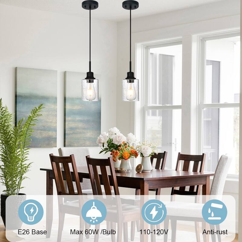 Modern Metal Pendant Lights with Seeded Glass - Black