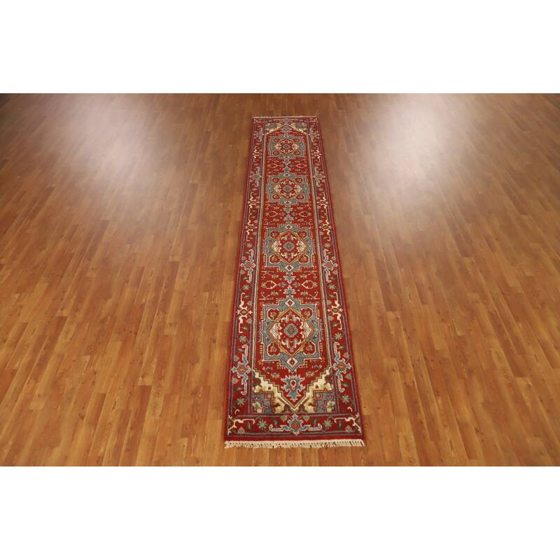 Red Heriz Serapi Indian Runner Rug Handmade Traditional Wool Carpet - 2'5" x 11'10"